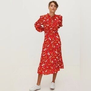 Oliver Bonas Floral Print & Frilled Bib Trim Red Midi Dress 2 EE29